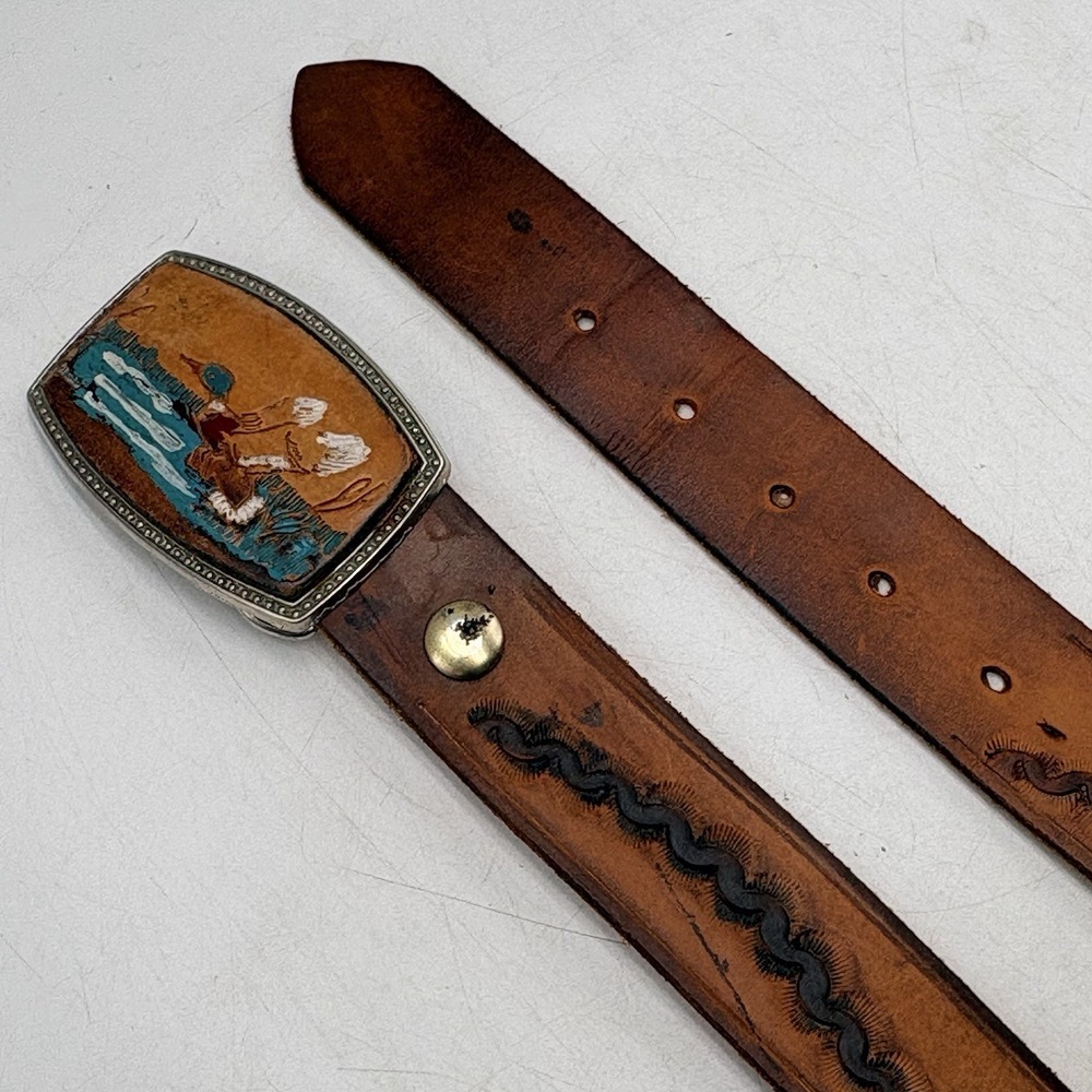 Vintage Tooled Leather Duck Hunting Belt 38 Mallard Buckle Western Cowboy